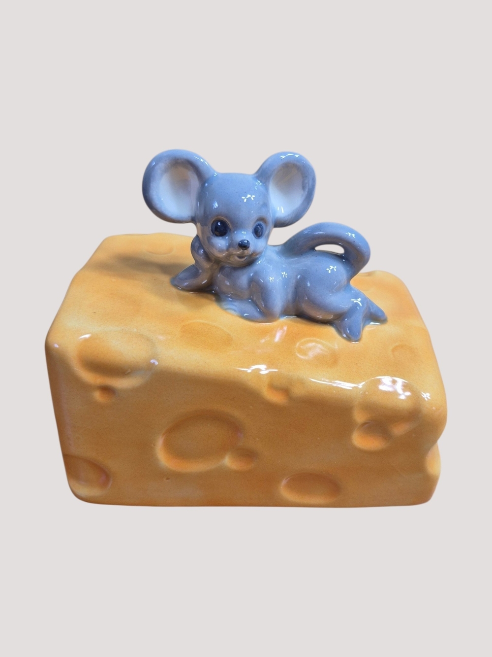 Vintage Kitsch Ceramic Mouse on Cheese Figurine Retro Mid Century Japan Style